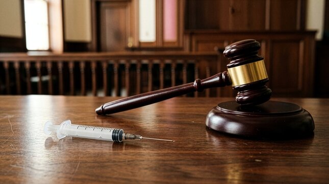 A wooden judge gavel with gold accent and a medical syringe needle on a brown wooden desk in a courtroom for malpractice litigation substance abuse case and execution concept