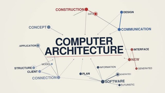 Computer architecture animated graph network word cloud, text design animation, seamless loop