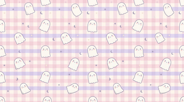 Cute ghost pattern with stars and moons on pink gingham checkered background