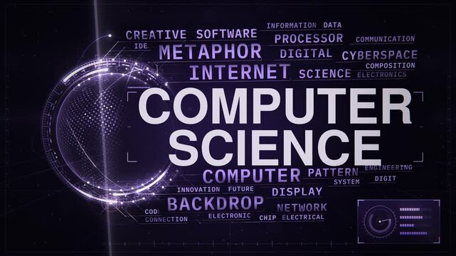 Computer science animated word cloud HUD, text design animation, seamless loop