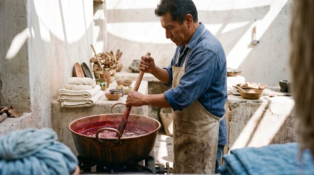 Dyer prepares cochineal color in a sunlit dye kitchen
