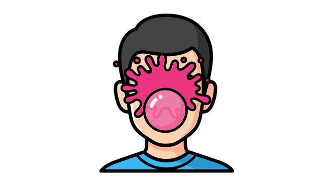 Man with popped pink bubblegum on face.