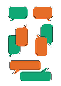 Colorful speech bubble collection set, green and orange talk clouds vector illustration, chat box icon template for design