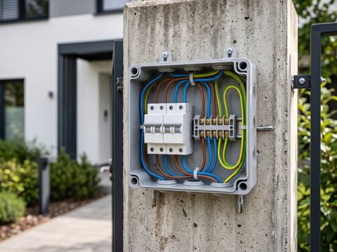 Close up of electrical wiring inside a junction box mounted on a concrete pillar featuring blue and brown cables, circuit breakers, terminal blocks, electrical installation