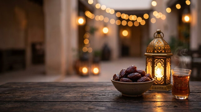 Dates, tea and a glowing lantern on a table at dusk for Ramadan iftar