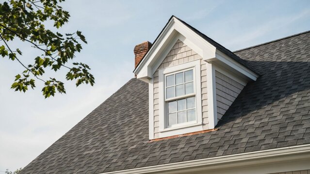 A dormer window with white trim on a dark gray shingled roof with a brick chimney under a clear sky.