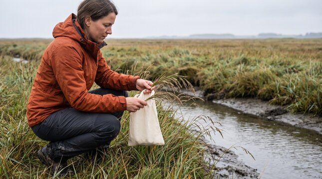 Ecologist gathers native seeds among coastal grasses