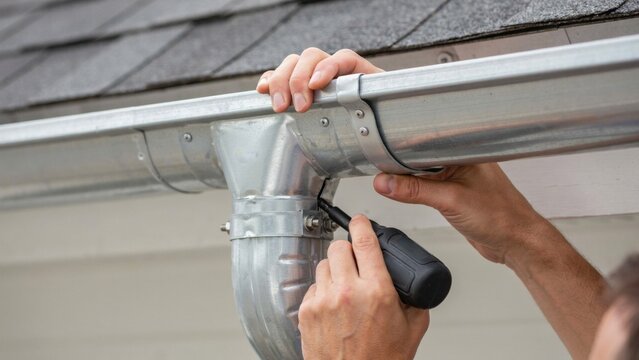 Close up hands installing gutter downspout with tool on exterior of residential house during home repair.