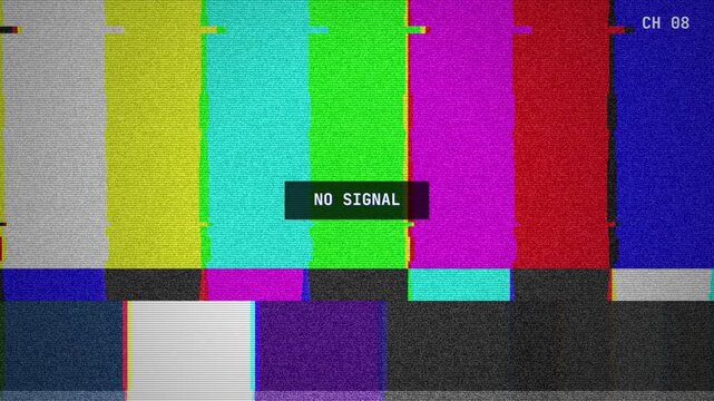 Glitch VHS color bars test pattern with TV static noise, scan lines, RGB color split and channel number, retro analog no signal screen animation, seamless loop