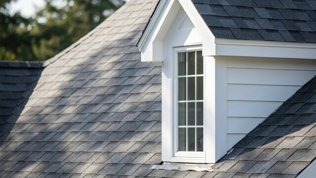 Close-up view of gray asphalt shingles on pitched roof with dormer window and white trim under sunny sky.