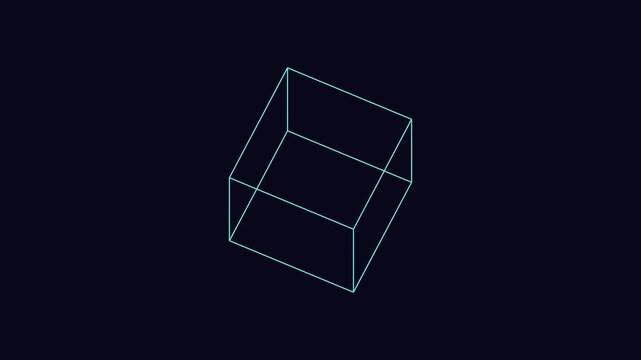 Glowing blue wireframe cube rotating continuously against dark background in minimalist graphic style