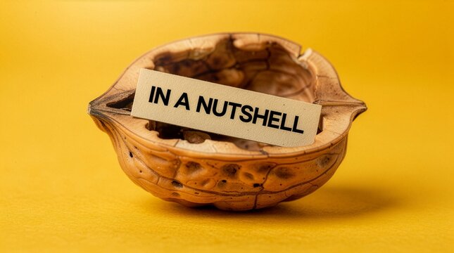 Close up macro of an open empty walnut shell with a paper note text in a nutshell inside on a bright yellow background summary explanation briefing information overview concept