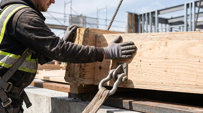Rigger steadies a timber wall panel at arrival