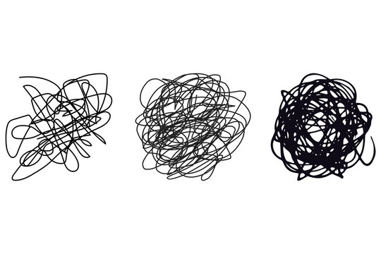 Set of hand drawn sketchy wavy lines and messy scribbled tangled loops isolated on white background   