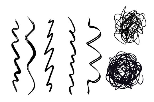 Set of hand drawn sketchy wavy lines and messy scribbled tangled loops isolated on white background   