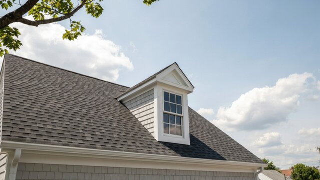 Pitched roof with gray asphalt shingles and white dormer window on a sunny day with blue sky and clouds.