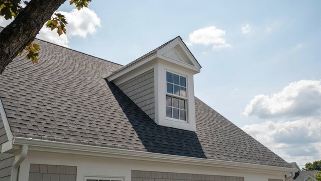 Residential asphalt shingle roof with a dormer window and gutters installed on a sunny day with clouds.