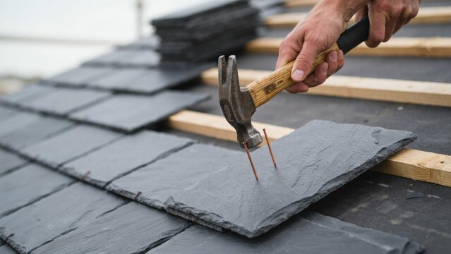 Worker installing dark grey slate roof tiles using hammer and nails for exterior home construction and repair jobs.