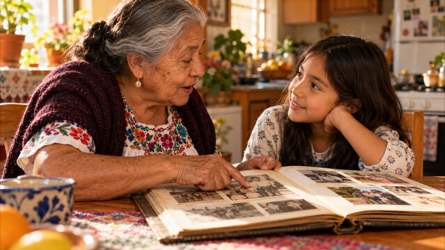 Hispanic grandmother showing vintage photo album to her granddaughter at home, sharing family memories and heritage