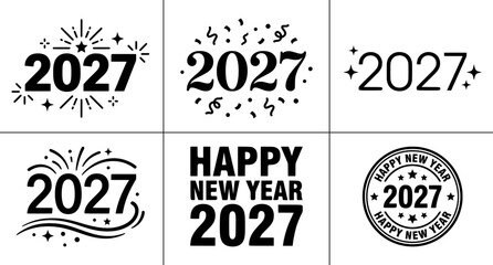 Happy New Year 2027 text and number set with fireworks and confetti, holiday greetings © Sadia