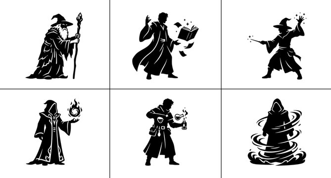 Wizard silhouettes set with magic staff, spell book and potions for fantasy theme