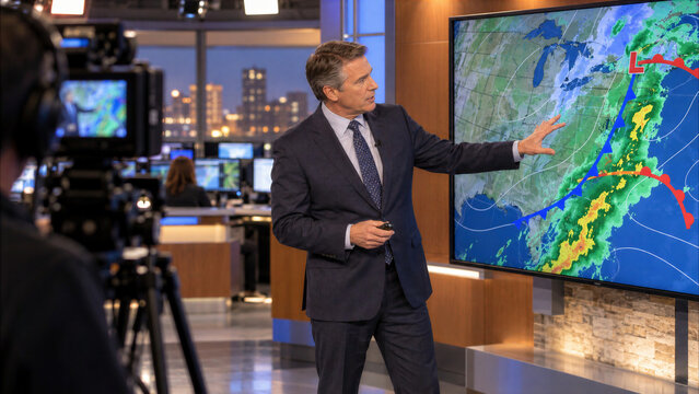 Male Meteorologist Presenting Weather Forecast on Digital Radar Screen in Television Broadcast Studio with Camera in Foreground