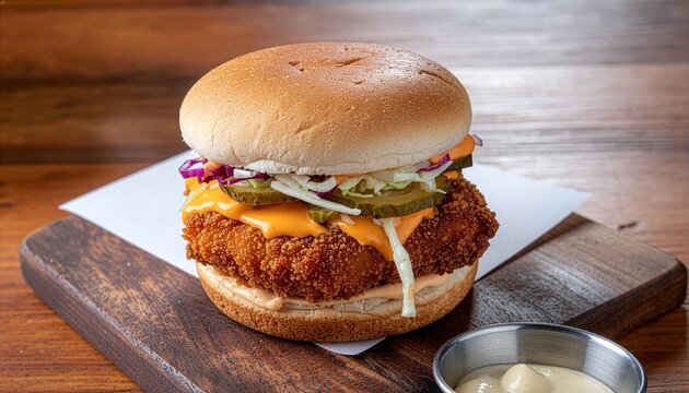 Close up of a crispy fried chicken sandwich with melted cheese sauce pickles and cabbage coleslaw on a wooden board for fried chicken sandwich day fast food dining concept
