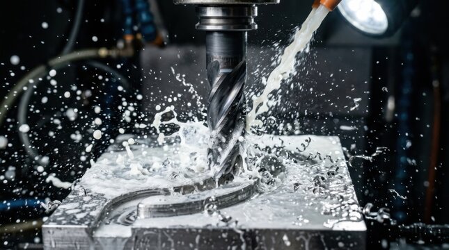 Carbide end mill cutting fluid cooling channel into aerospace titanium plate with high-pressure milky coolant lubrication.