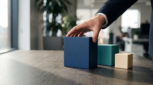 Business executive organizing colorful modular blocks on desk representing corporate structure