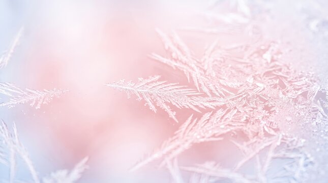 Pastel pink frost texture background with feathery ice crystals. Delicate white and rose frost patterns radiate across a soft blurred surface with faint blue edges. Minimalist composition, airy