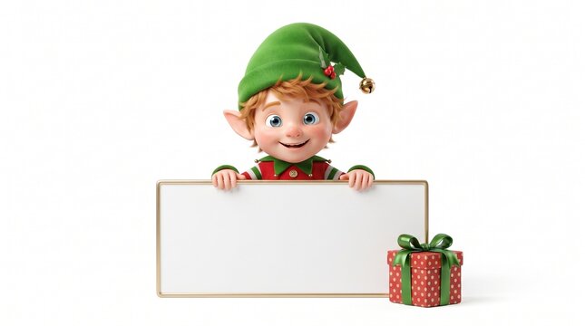 Cute 3d christmas elf in green hat with bell and holly peeking over a blank white sign with gold frame, red polka dot gift box with green ribbon, isolated on white background, christmas card concept