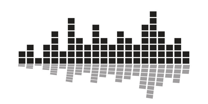 Black pixel equalizer bars with gray reflection on white background. Digital audio spectrum with square block columns and mirror shadow. Minimalist music visualizer graphic for sound, DJ, and party.