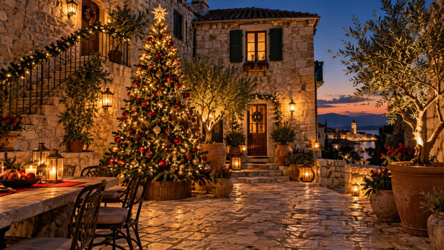 Mediterrane Weihnachten im romantischen Innenhof: Ein geschm&uuml;ckter Weihnachtsbaum, Olivenb&auml;ume und warme Laternen erhellen eine rustikale Steinterrasse zwischen historischen H&auml;usern. Kroatien