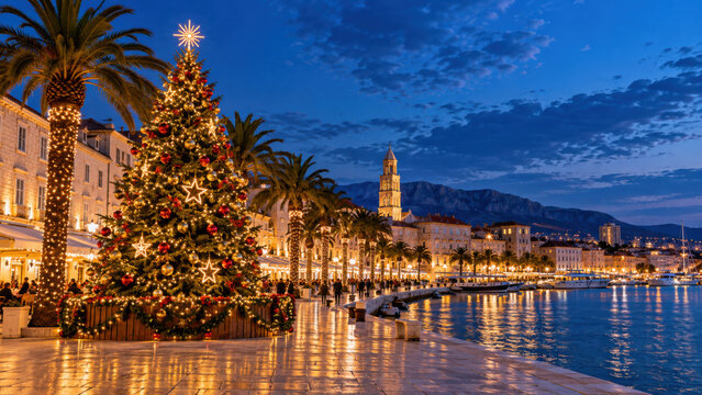 Weihnachten in Split, Kroatien: Ein pr&auml;chtig beleuchteter Weihnachtsbaum schm&uuml;ckt die palmenges&auml;umte Uferpromenade, w&auml;hrend sich goldene Lichter im ruhigen Wasser der Adria spiegeln.