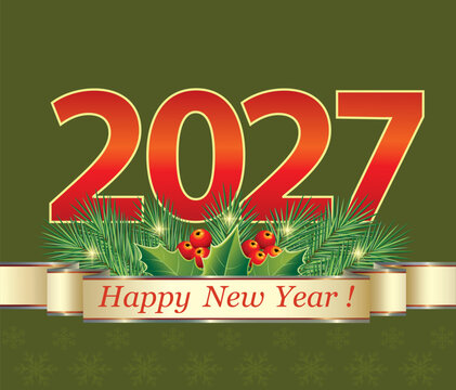 Merry Christmas 2027. Greeting card with numbers 2027 and festive design, fir branches and gold ribbon on background with snowflakes. Vector illustration