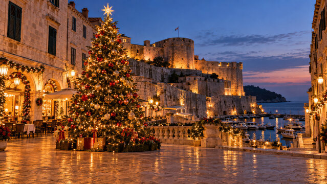 Weihnachten in Dubrovnik, Kroatien: Ein geschm&uuml;ckter Weihnachtsbaum erhellt einen historischen Platz mit Blick auf m&auml;chtige Stadtmauern, den kleinen Hafen und die Adria in der D&auml;mmerung.