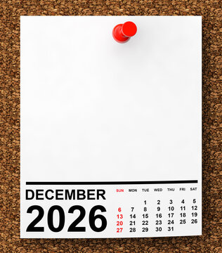 Time Planning And Scheduling Concept. December 2026 Calendar Page Pinned With Red Pushpin On Cork Board Background. 3D Rendering