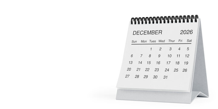 White Desk Monthly December 2026 Business Calendar. 3d Rendering
