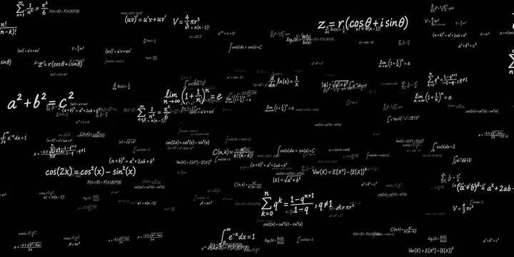 Mathematics Education Concept. White Mathematical Formulas, Equations And Calculus Expressions Scattered Across Black Background. 3d Rendering