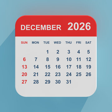 Flat Icon Calendar December 2026. 3d Rendering