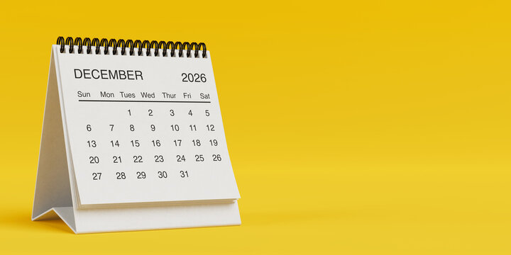 White Desk Monthly December 2026 Business Calendar. 3d Rendering