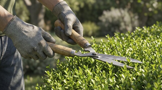 Gloved hands trim leafy hedge with vintage steel garden shears under daylight. Person focuses diligent effort on shaping bush foliage evenly while performing outdoor landscape maintenance work.