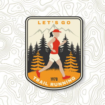 Vintage Trail Running Sports Badge with Female Runner in Forest, Alpine Mountains and Pine Trees, Outdoor Adventure Emblem with Retro Hiking Patch Style for Fitness and Camping