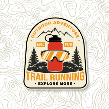Vintage Trail Running Sports Badge with Orange Mountain Goggles and Red Water Bottle, Alpine Forest Adventure Emblem, Retro Outdoor Patch Design for Hiking, Fitness and Camping
