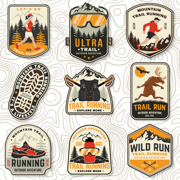 Vintage Trail Running Sports Badge Collection with Mountain Runners, Moose, Hydration Gear, Goggles and Alpine Peaks, Outdoor Adventure Patch and Sticker Set for Hiking, Camping, Fitness and Extreme