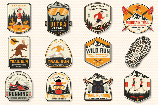 Vintage Trail Running Badge Collection, Set of 12 Outdoor Adventure Sports Emblems with Mountain Runners, Moose, Hiking Gear and Alpine Scenery, Retro Patch and Sticker Designs for Extreme Sports