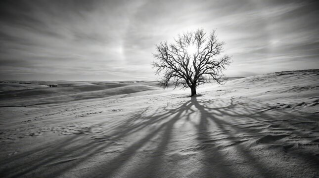 Black and white winter landscape with a lone tree on a snowy hillside, a bright sun behind its branches casting long shadows across the snow. Subtle halo around the sun, dramatic contrast, rolling