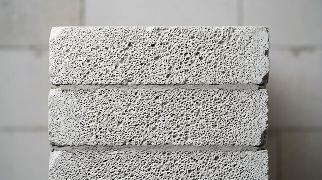 Stacked porous aerated concrete blocks showing texture and construction building material details on a construction site
