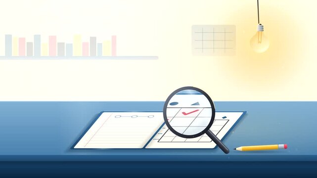 Magnifying glass inspecting a logic grid in an open notebook with a glowing hanging light bulb, flat vector animation, seamless loop, 4K