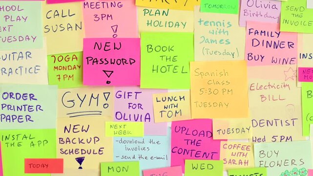 Close up of sticky notes covering a wall representing a very busy lifestyle and overwhelming schedule